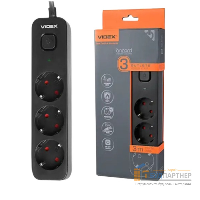 Сетевой удлинитель Videx Oncord 3 розетки 3м с/з 2USB+USB-C с кнопкой (черный) - цена, характеристики в интернет-магазине