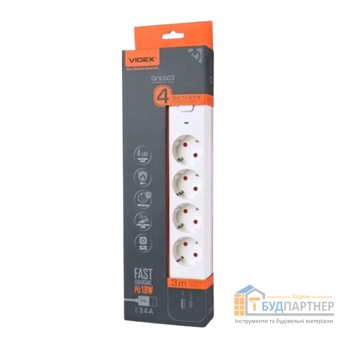 Сетевой удлинитель Videx Oncord 4 розетки 3м с/з USB (QC3.0)+USB-C (PD18W) с кнопкой (белый) - цена, характеристики в интернет-магазине