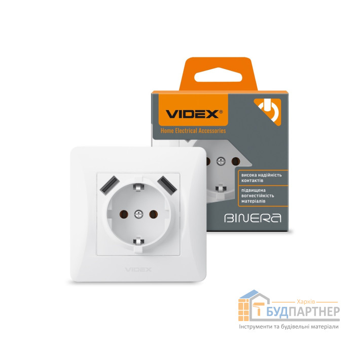 Розетка одинарна із заземленням та 2USB Videx Binera (біла) - ціна, характеристики в інтернет-магазині