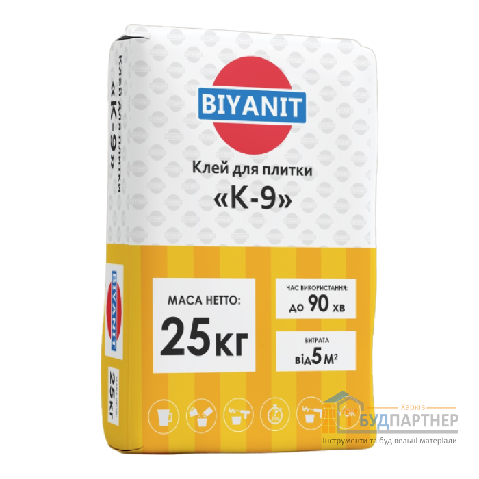 Клей для плитки для внутренних и наружных работ Biyanit К-9 (25 кг) - цена, характеристики в интернет-магазине